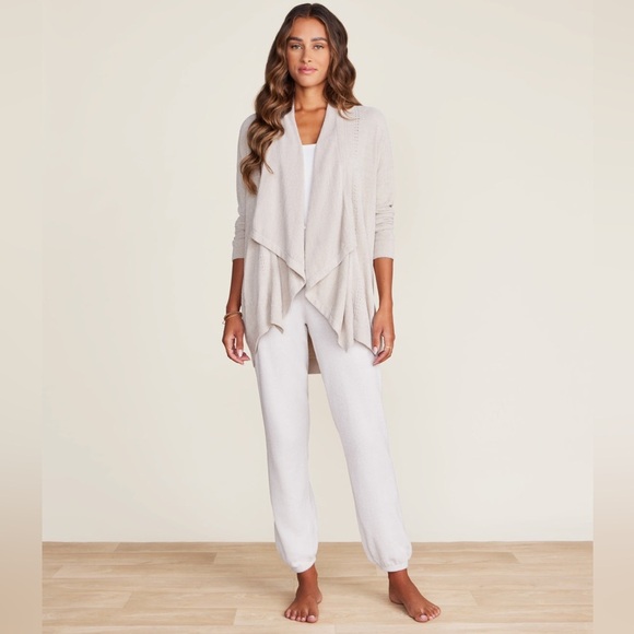 BAREFOOT DREAMS Cozy Chic Ultra Lite Shawl Pointelle Cardigan in Cream Stone S/M - Picture 2 of 13